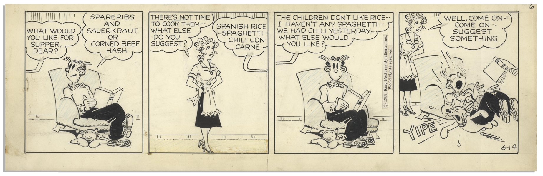 Chic Young Hand-Drawn ''Blondie'' Comic Strip From 1958 Titled ''What's for Dinner?''